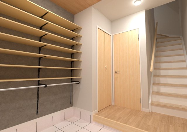 MOK-TERRACE　AOI 約３畳の広々玄関土間、日常使う物から外で使う物まで収納可能