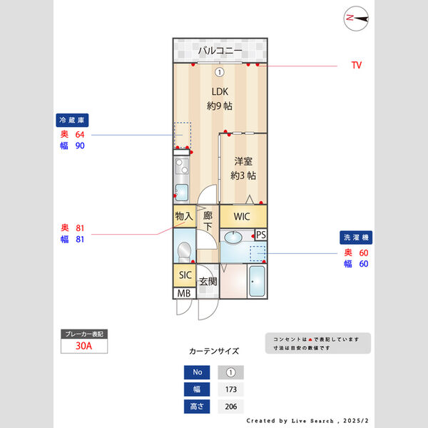 ラ シュエット202号室 間取り図寸法付