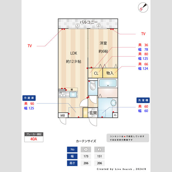 ロイヤルローズ207号室 間取り図(採寸図)