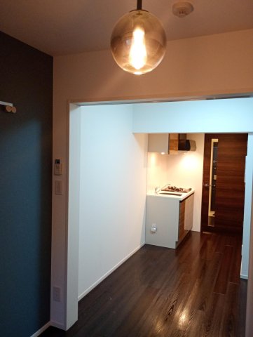 ハーモニーレジデンス中野富士見町 南側バルコニー日当たり良好、お洒落な淡紺壁紙＆球形照明