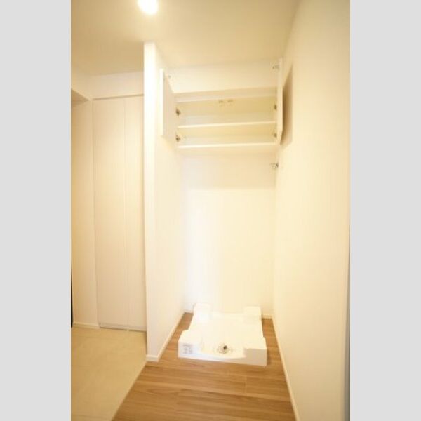 プライムメゾン錦糸町605号室 洗濯機置き場の上部には、小物収納があり備品のストックに便利です。