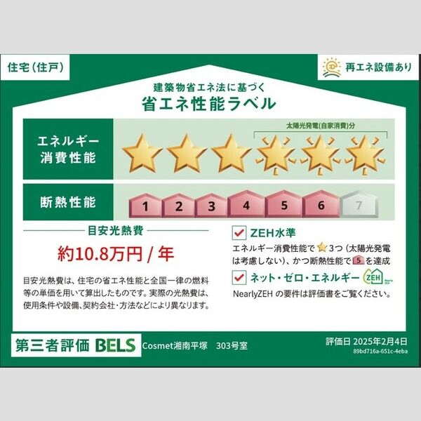 Cosmet湘南平塚303号室 省エネ性能ラベル(住戸)