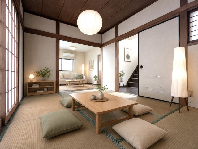 亀久保ハウス 1F和室はリビングとつながり広々※家具等はイメージです