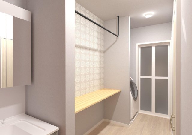 MOK-TERRACE　AOI07号室 家事効率までデザインされた洗面室。家事カウンター、室内物干し