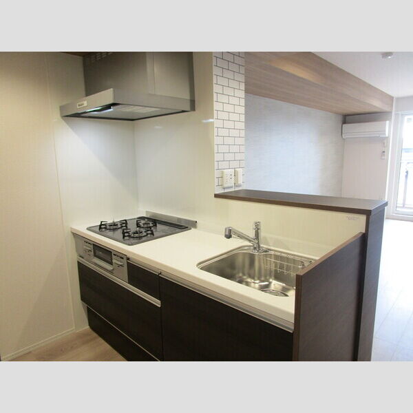 ラ・ペッシュ208号室 対面式3口ガスコンロ付システムキッチン
